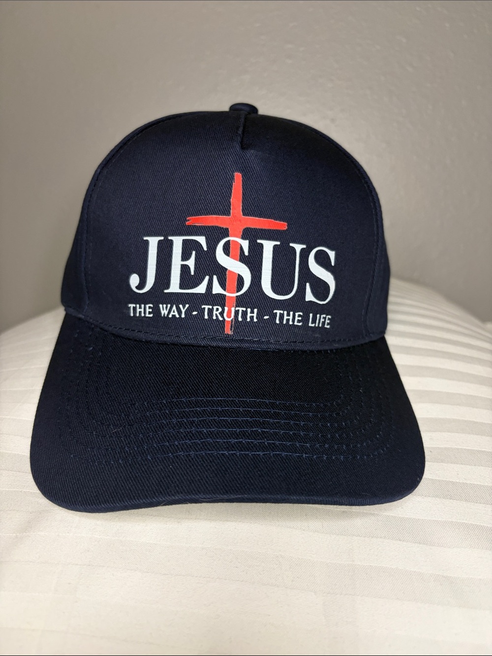 Jesus Logo Navy Baseball Cap with Red Cross